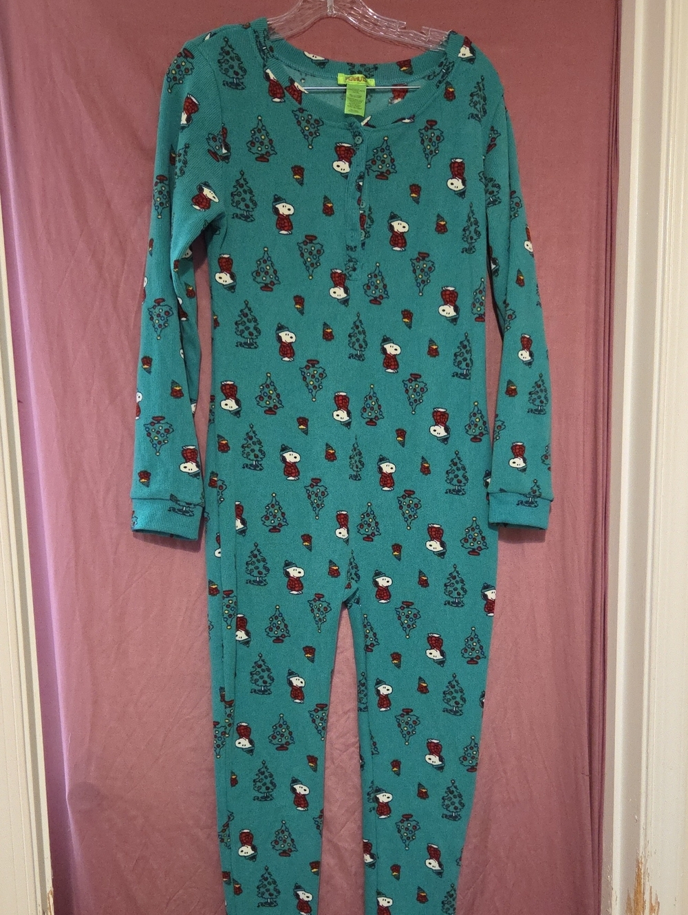 Peanuts Teal Holiday One-Piece Footie Pajamas with Snoopy & Trees
